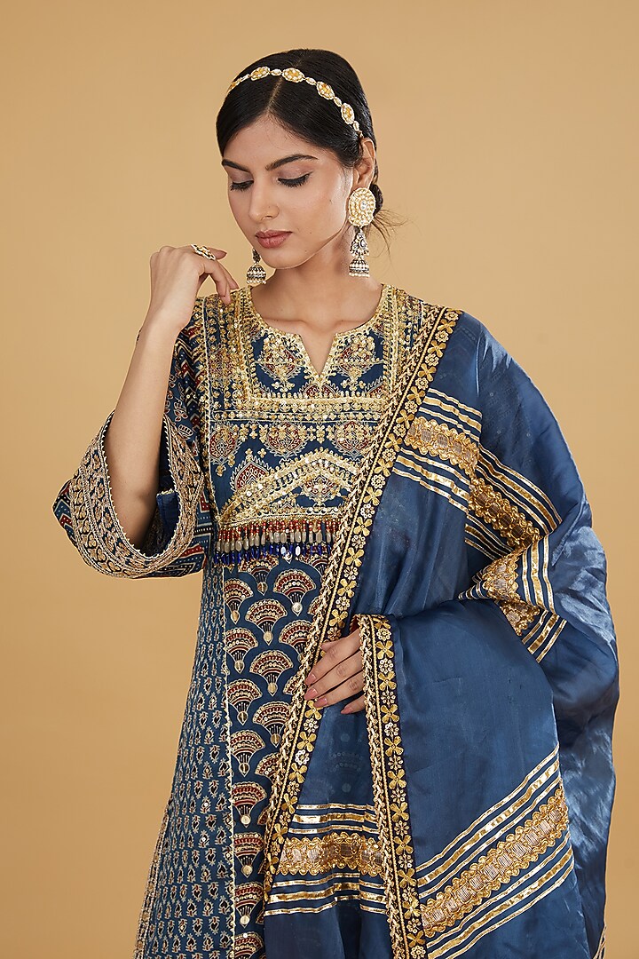 Blue Modal Silk Ajrakh Printed & Embroidered Kurta Set by Nitya Bajaj at Pernia's Pop Up Shop