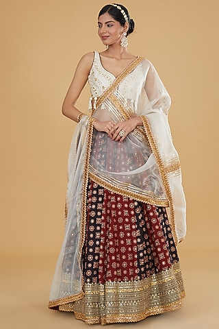 Red Cotton Ajrakh Printed Lehenga Set by Nitya Bajaj