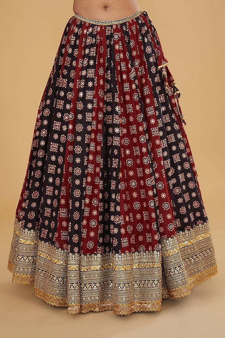 Red Cotton Ajrakh Printed Wedding Lehenga Set by Nitya Bajaj at Pernia's Pop Up Shop