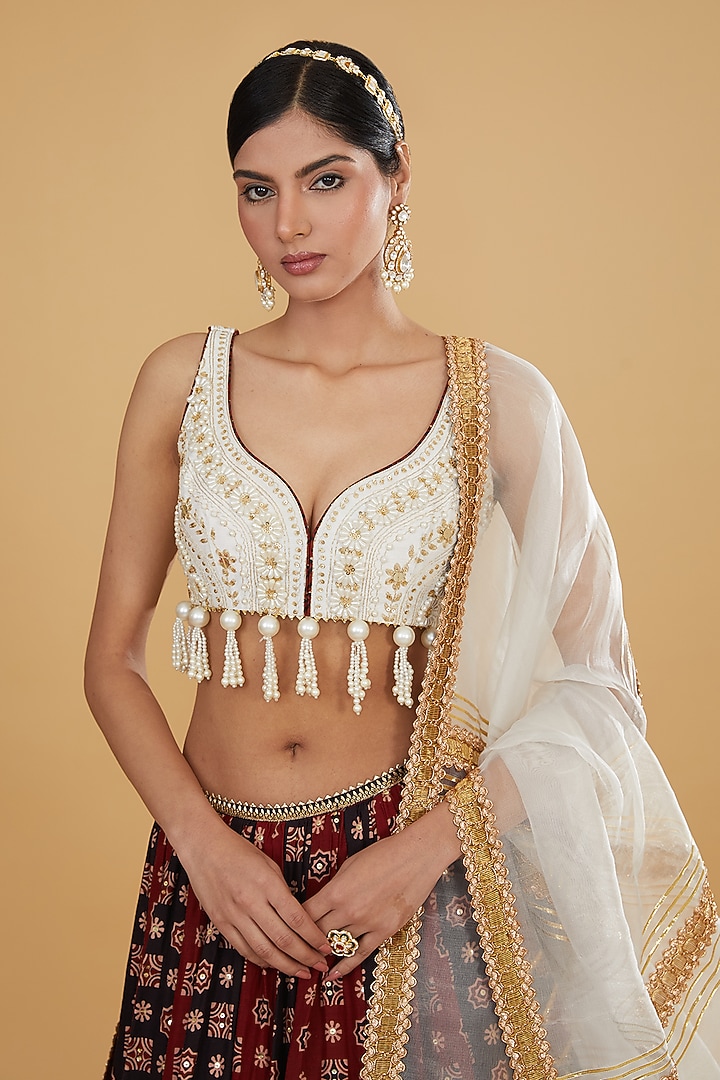Red Cotton Ajrakh Printed Wedding Lehenga Set by Nitya Bajaj at Pernia's Pop Up Shop