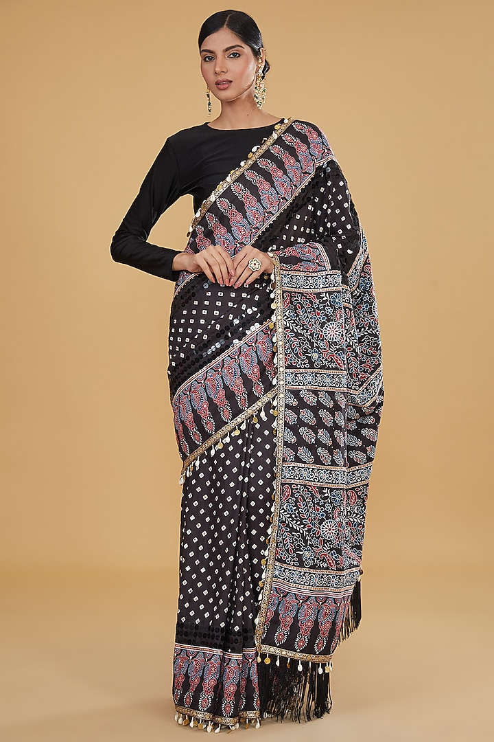 Black Viscose Crepe Bandhej & Ajrakh Printed Saree Set by Nitya Bajaj