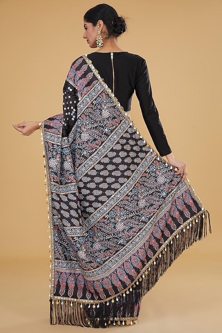 Black Viscose Crepe Bandhej & Ajrakh Printed Wedding Saree Set by Nitya Bajaj at Pernia's Pop Up Shop