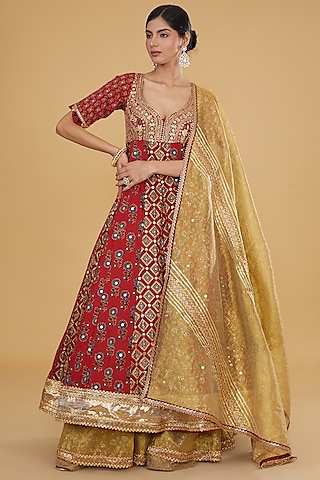 Red Tissue Ajrakh Printed & Embroidered Anarkali Set by Nitya Bajaj