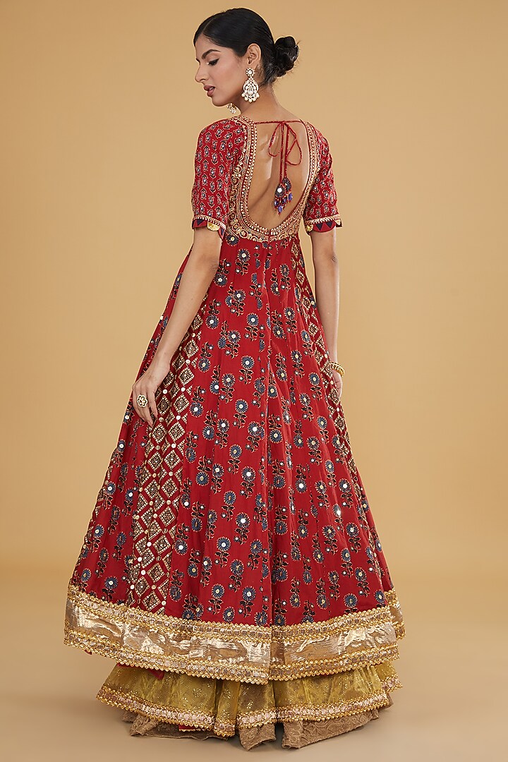 Red Tissue Ajrakh Printed & Embroidered Wedding Anarkali Set by Nitya Bajaj at Pernia's Pop Up Shop