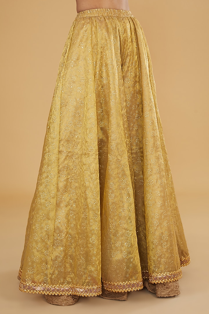 Red Tissue Ajrakh Printed & Embroidered Wedding Anarkali Set by Nitya Bajaj at Pernia's Pop Up Shop