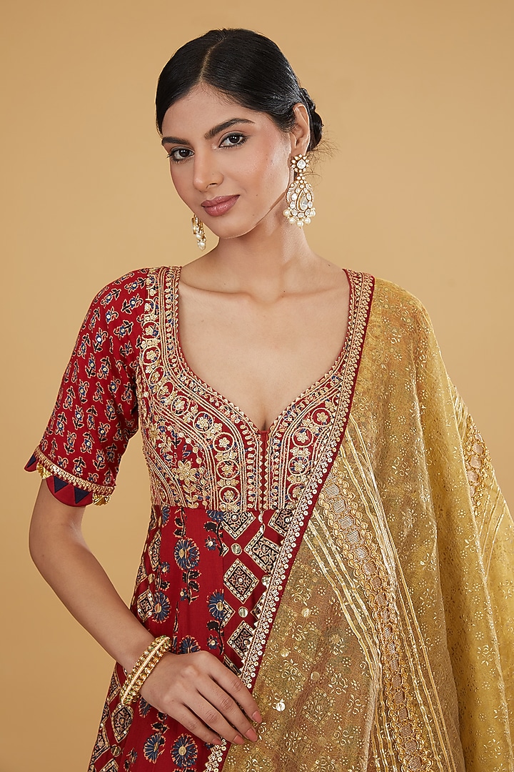 Red Tissue Ajrakh Printed & Embroidered Wedding Anarkali Set by Nitya Bajaj at Pernia's Pop Up Shop