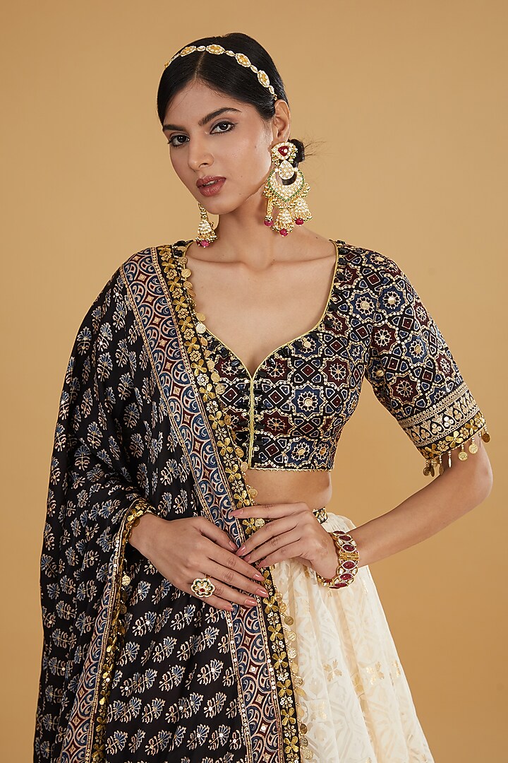 Ivory Modal Silk Gota Work Wedding Lehenga Set by Nitya Bajaj at Pernia's Pop Up Shop