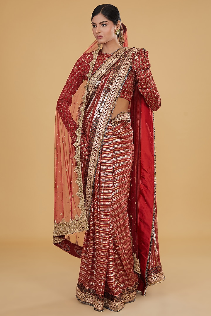 Red Modal Silk Ajrakh Printed & Embroidered Saree Set by Nitya Bajaj