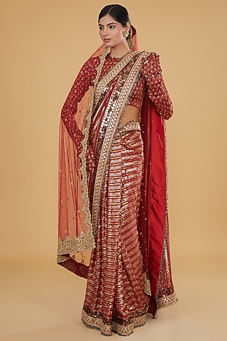 Red Modal Silk Ajrakh Printed & Embroidered Saree Set by Nitya Bajaj