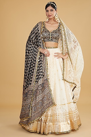 Ivory Modal Silk Gota Work Lehenga Set by Nitya Bajaj