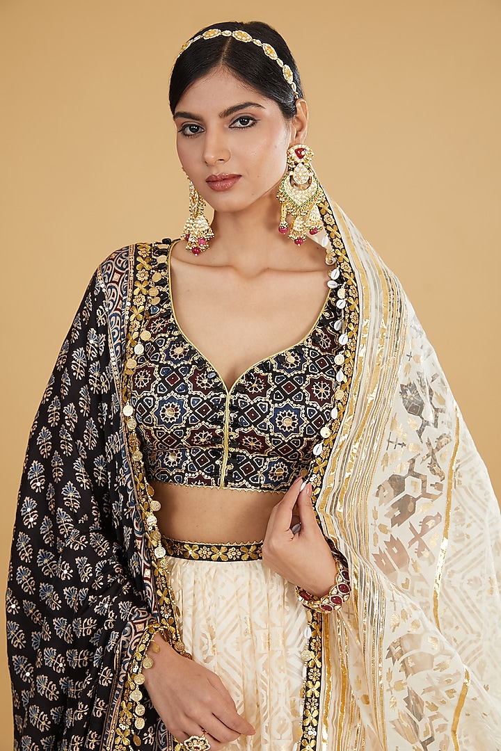 Ivory Modal Silk Gota Work Bridal Lehenga Set by Nitya Bajaj at Pernia's Pop Up Shop
