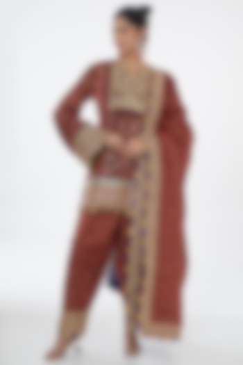 Red Modal Silk & Cotton Ajrakh Printed & Zari Embroidered Kurta Set by Nitya Bajaj at Pernia's Pop Up Shop