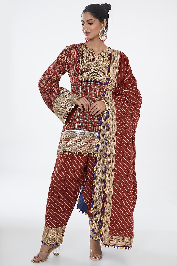 Red Modal Silk & Cotton Ajrakh Printed & Zari Embroidered Kurta Set by Nitya Bajaj at Pernia's Pop Up Shop