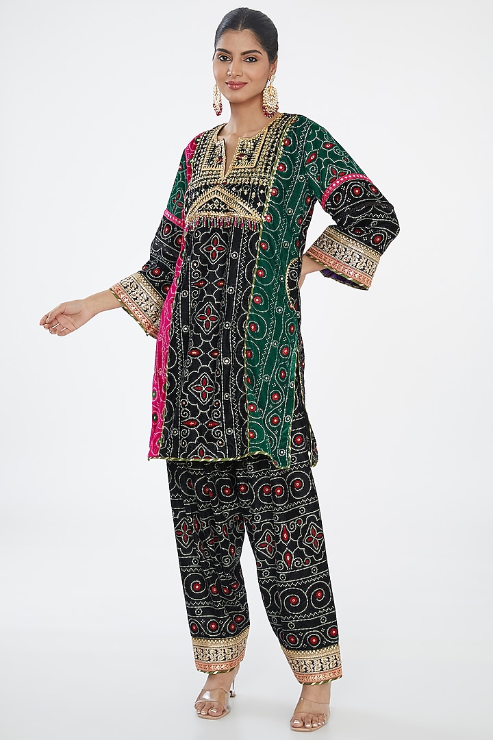 Black Blue Silk Velvet Hand Embroidered Bandhani Choga Kurta Set by Nitya Bajaj at Pernia's Pop Up Shop