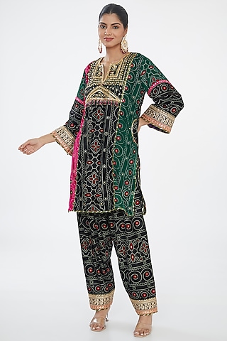 Black Blue Silk Velvet Hand Embroidered Bandhani Choga Kurta Set by Nitya Bajaj