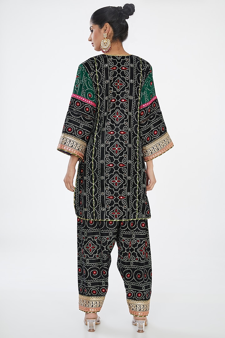 Black Blue Silk Velvet Hand Embroidered Bandhani Choga Kurta Set by Nitya Bajaj at Pernia's Pop Up Shop