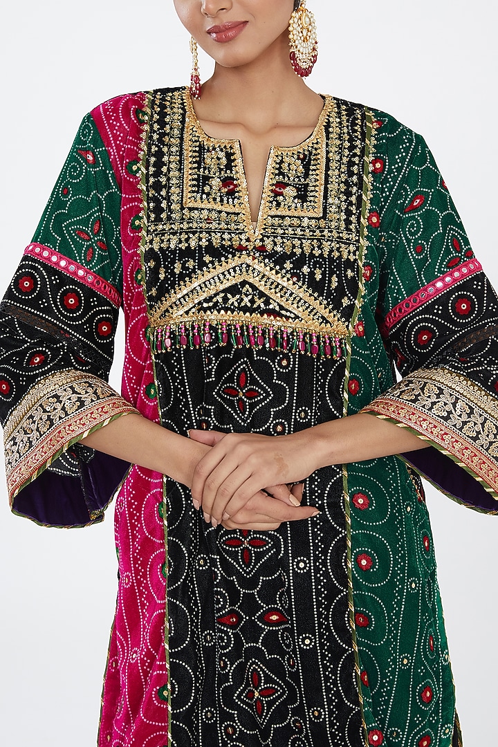 Black Blue Silk Velvet Hand Embroidered Bandhani Choga Kurta Set by Nitya Bajaj at Pernia's Pop Up Shop