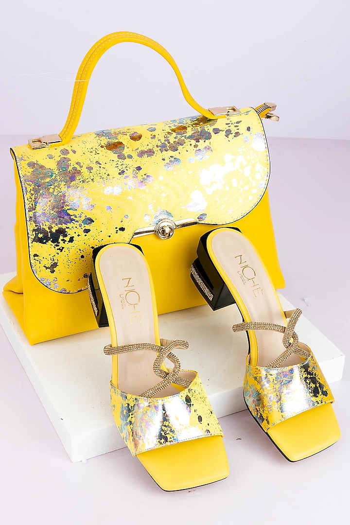 Yellow Art Leather Sequins Embellished Handbag With Heels by Niche Label