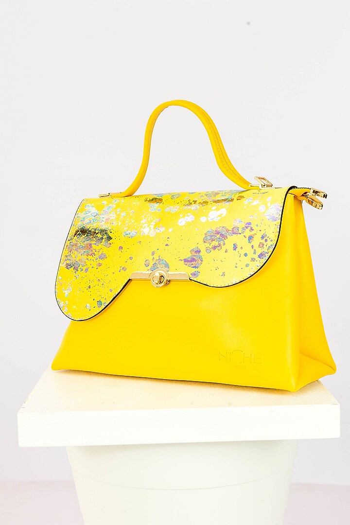 Yellow Art Leather Sequins Embellished Handbag With Heels by Niche Label at Pernia's Pop Up Shop