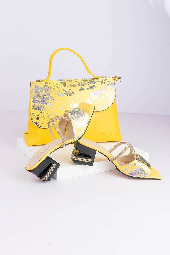 Yellow Art Leather Sequins Embellished Handbag With Heels by Niche Label at Pernia's Pop Up Shop