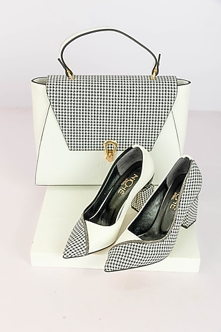 White & Black Art Leather Checkmate Handbag With Heels by Niche Label