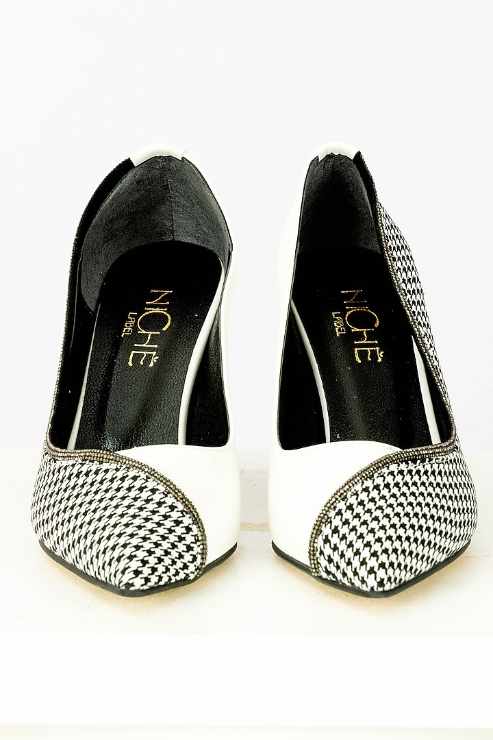 White & Black Art Leather Checkmate Handbag With Heels by Niche Label at Pernia's Pop Up Shop