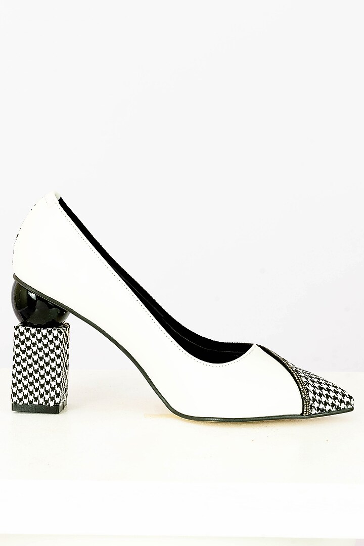 White & Black Art Leather Checkmate Handbag With Heels by Niche Label at Pernia's Pop Up Shop