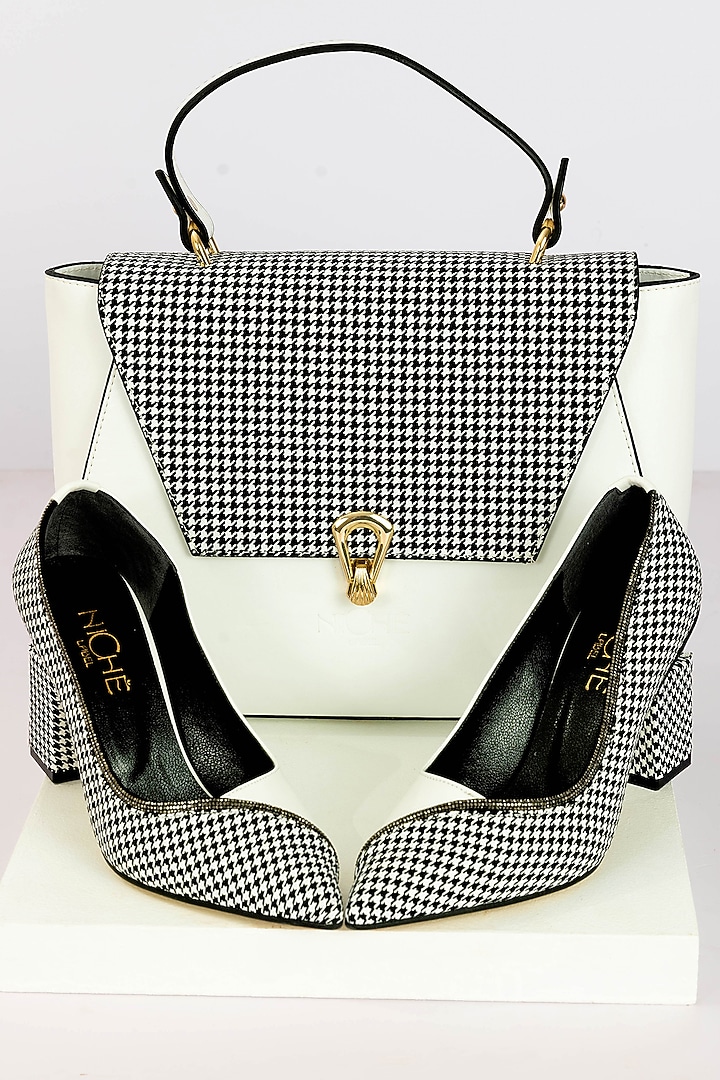 White & Black Art Leather Checkmate Handbag With Heels by Niche Label at Pernia's Pop Up Shop