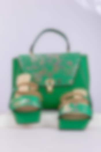 Green Art Leather Sequins Embellished Handbag With Heels by Niche Label