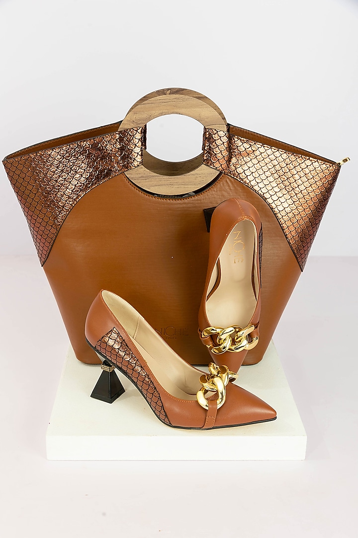 Brown Art Leather Sequins Embellished Handbag With Heels by Niche Label