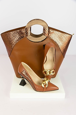 Brown Art Leather Sequins Embellished Handbag With Heels by Niche Label