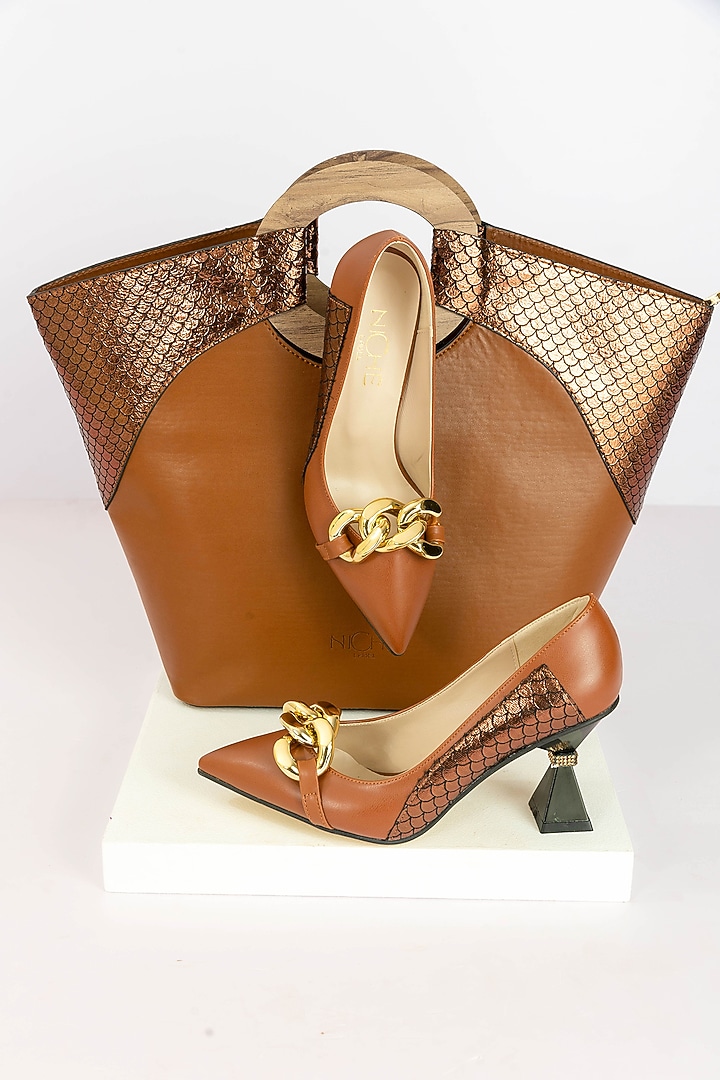 Brown Art Leather Sequins Embellished Handbag With Heels by Niche Label at Pernia's Pop Up Shop