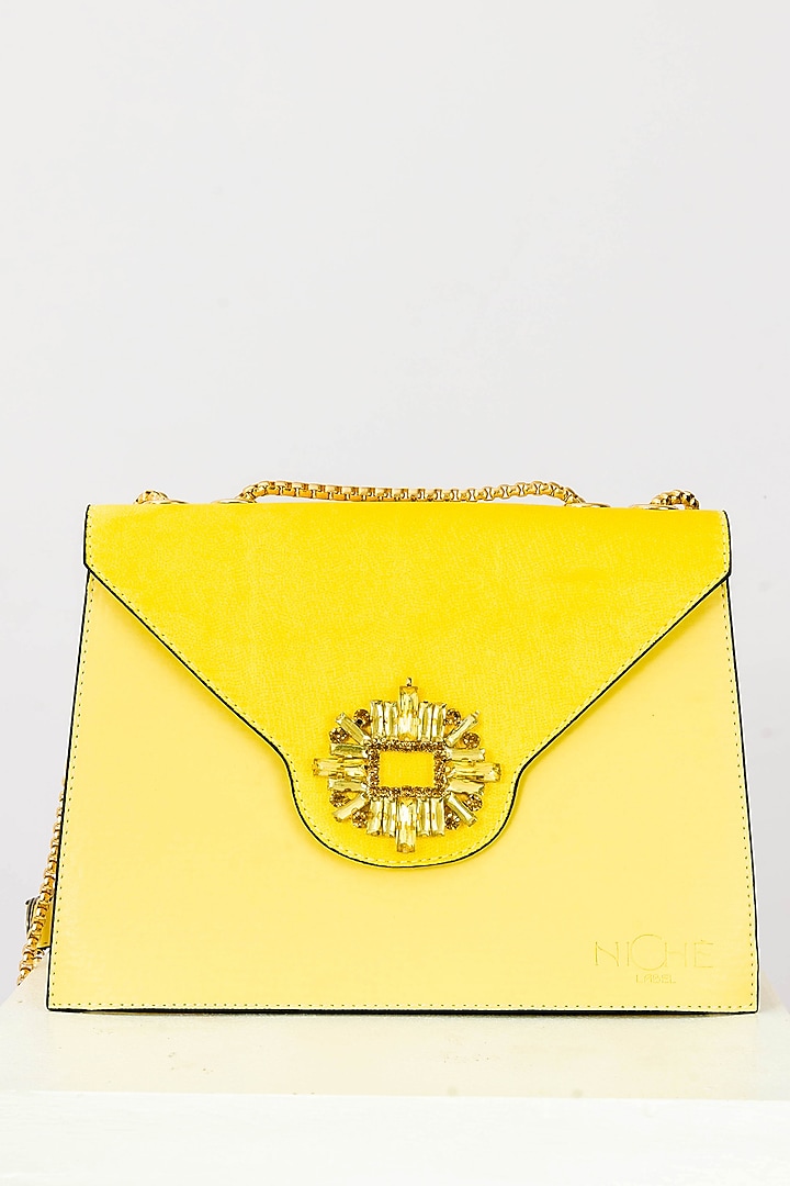 Yellow Art Leather Stone Work Handbag With Heels by Niche Label at Pernia's Pop Up Shop