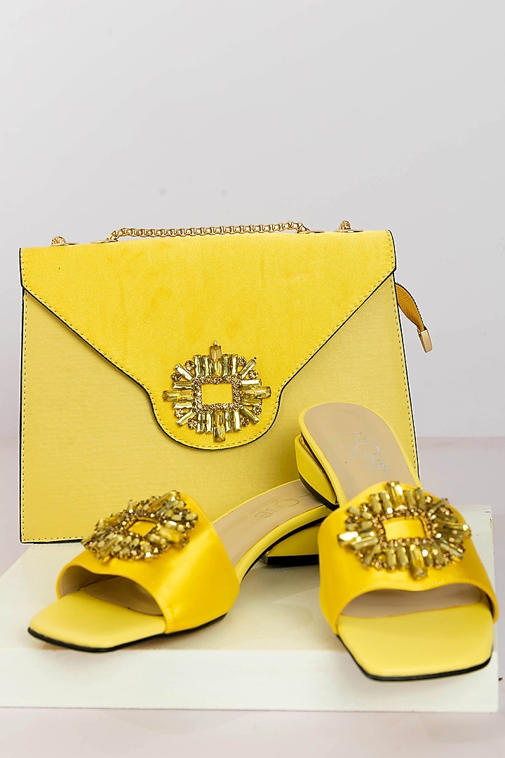 Yellow Art Leather Stone Work Handbag With Heels by Niche Label at Pernia's Pop Up Shop