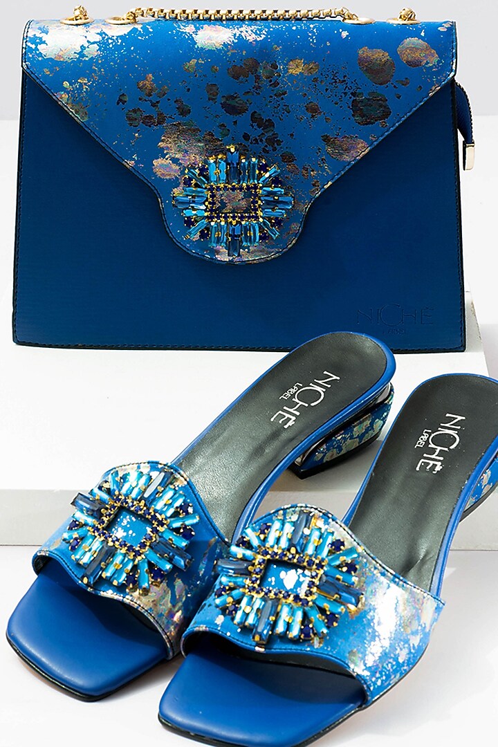Blue Art Leather Sequins Embellished Handbag With Heels by Niche Label at Pernia's Pop Up Shop