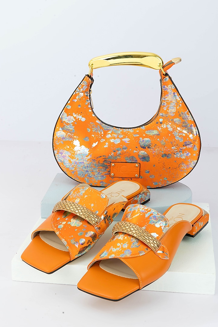 Orange Art Leather Sequins Embellished Handbag With Heels by Niche Label at Pernia's Pop Up Shop