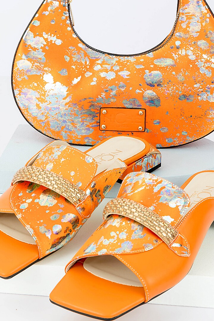 Orange Art Leather Sequins Embellished Handbag With Heels by Niche Label at Pernia's Pop Up Shop