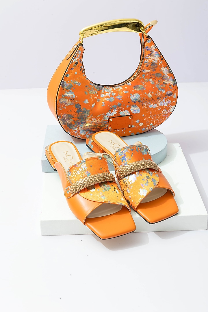 Orange Art Leather Sequins Embellished Handbag With Heels by Niche Label at Pernia's Pop Up Shop