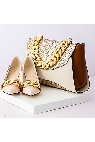Cream Art Leather Sequins Embellished Handbag With Heels by Niche Label