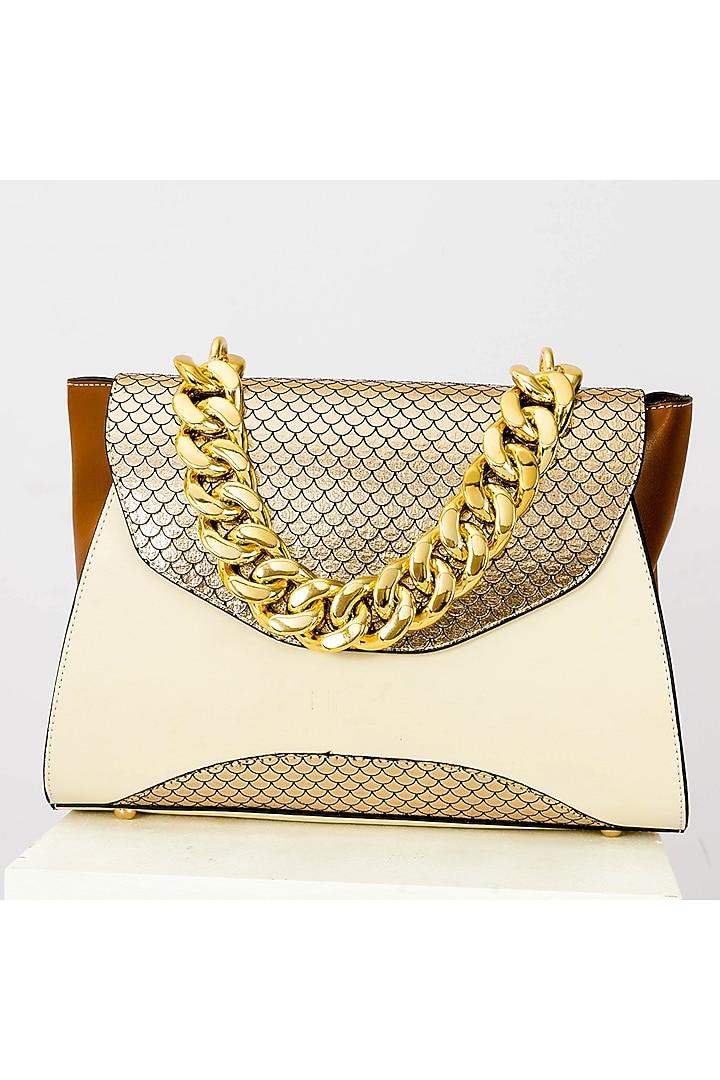 Cream Art Leather Sequins Embellished Handbag With Heels by Niche Label at Pernia's Pop Up Shop