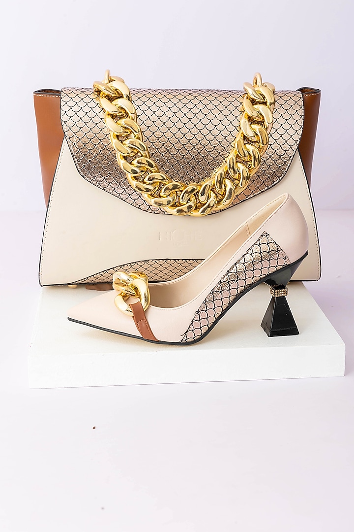 Cream Art Leather Sequins Embellished Handbag With Heels by Niche Label at Pernia's Pop Up Shop