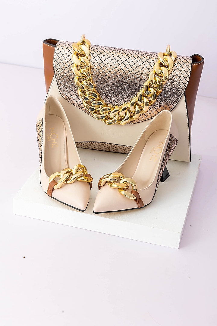 Cream Art Leather Sequins Embellished Handbag With Heels by Niche Label at Pernia's Pop Up Shop