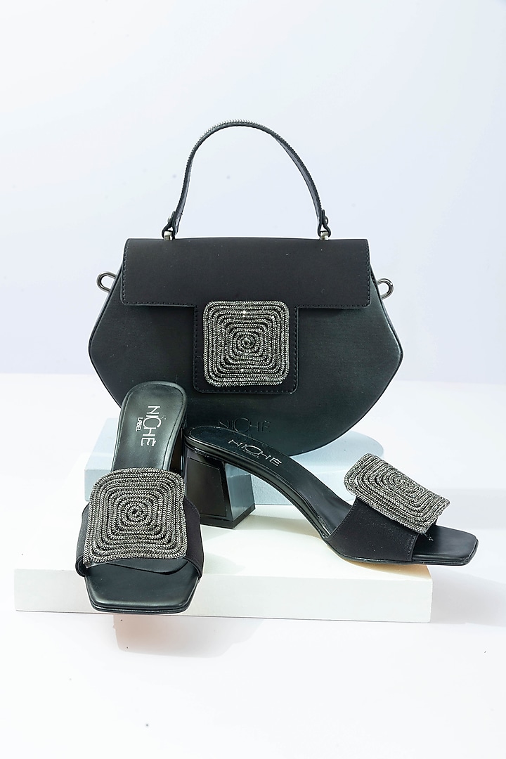 Black Art Leather Rhinestone Embellished Handbag With Heels by Niche Label