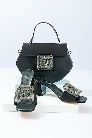 Black Art Leather Rhinestone Embellished Handbag With Heels by Niche Label