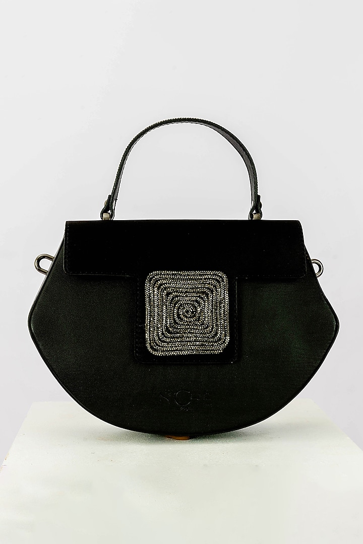 Black Art Leather Rhinestone Embellished Handbag With Heels by Niche Label at Pernia's Pop Up Shop