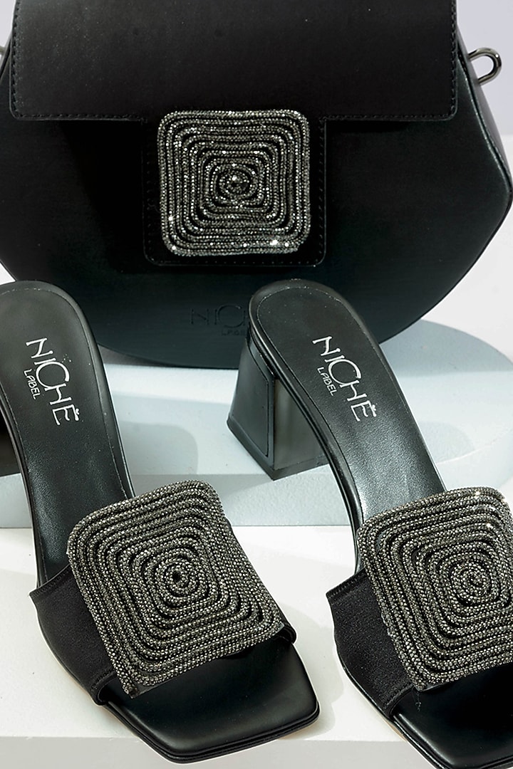 Black Art Leather Rhinestone Embellished Handbag With Heels by Niche Label at Pernia's Pop Up Shop