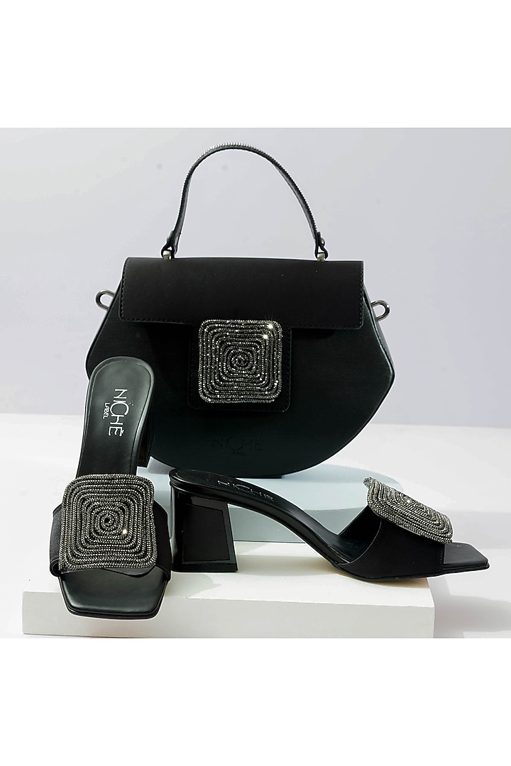 Black Art Leather Rhinestone Embellished Handbag With Heels by Niche Label at Pernia's Pop Up Shop