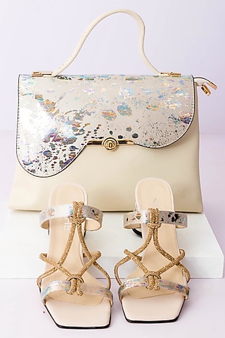 Cream Art Leather Sequins Embellished Handbag With Heels by Niche Label