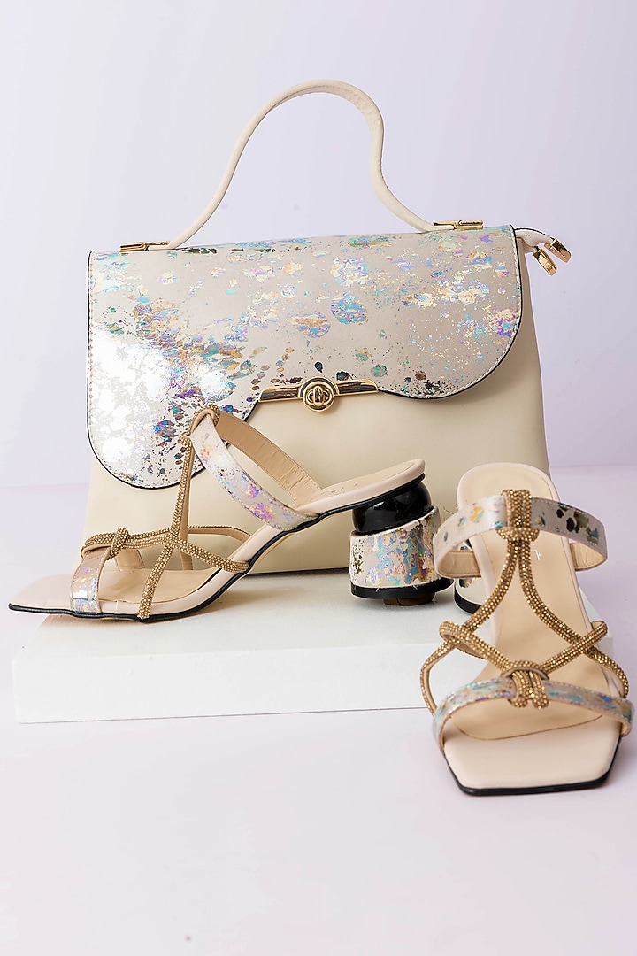Cream Art Leather Sequins Embellished Handbag With Heels by Niche Label at Pernia's Pop Up Shop