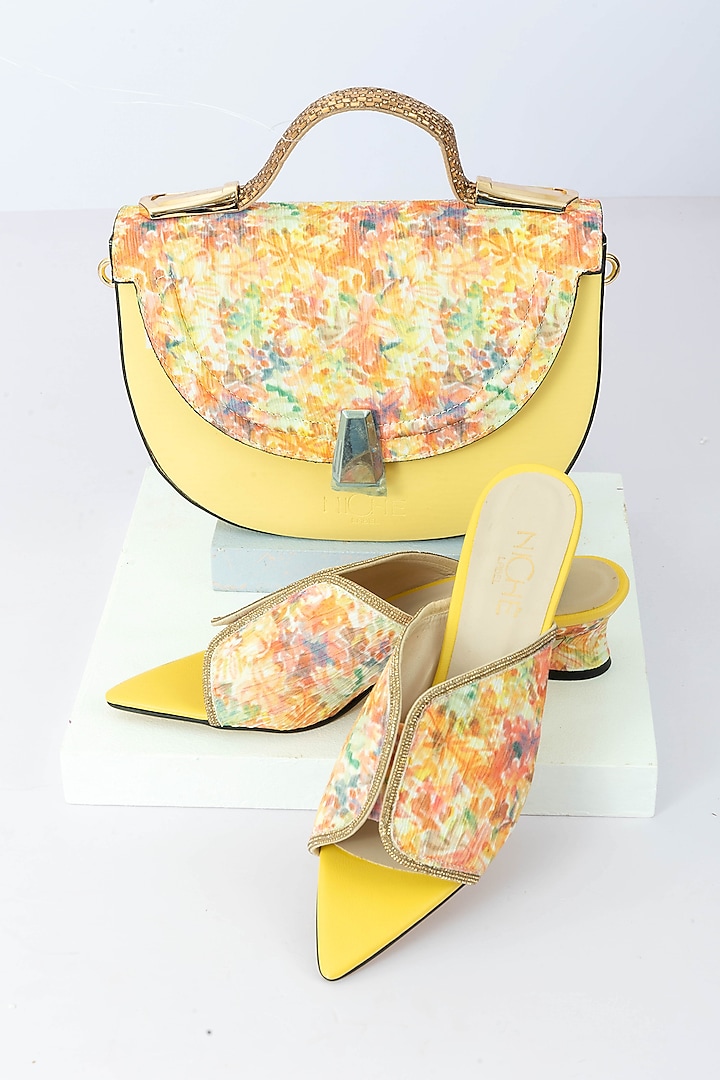 Yellow Art Leather Sequins Embellished & Floral Printed Handbag With Heels by Niche Label